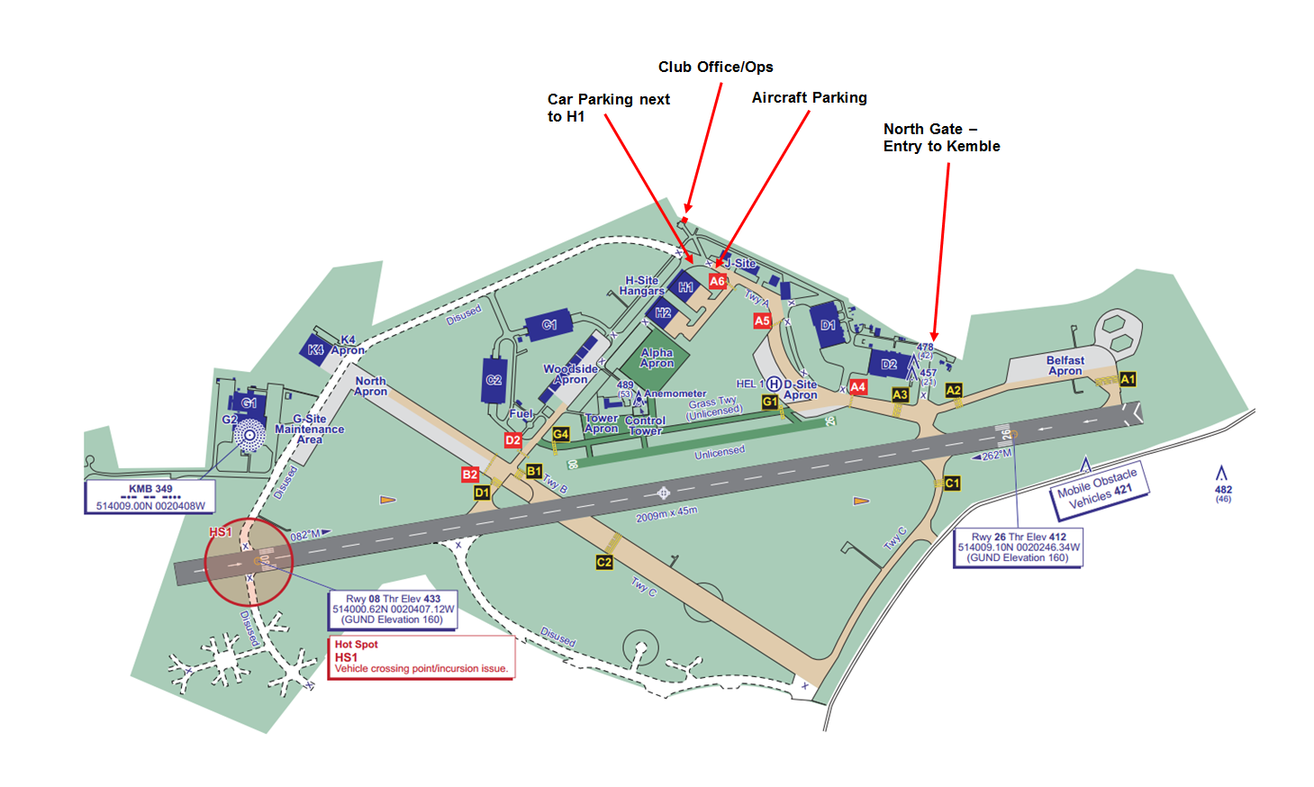 Lyneham Flying Club location and parking map at Cotswold Airport